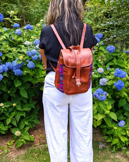 Leather Backpack - Travel Backpack - Mayan Embroidery Textile - AURA MAYA - Aura Maya