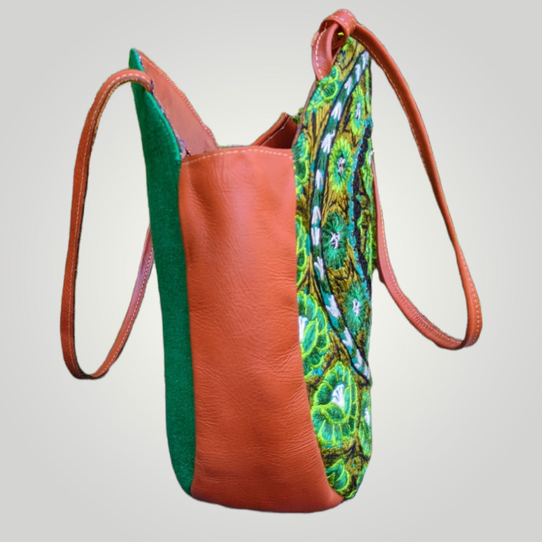 Leather Shoulder Bag-Coin Purse-Mayan Handwoven Textiles-100% natural cotton - Green-AURA MAYA - Aura Maya