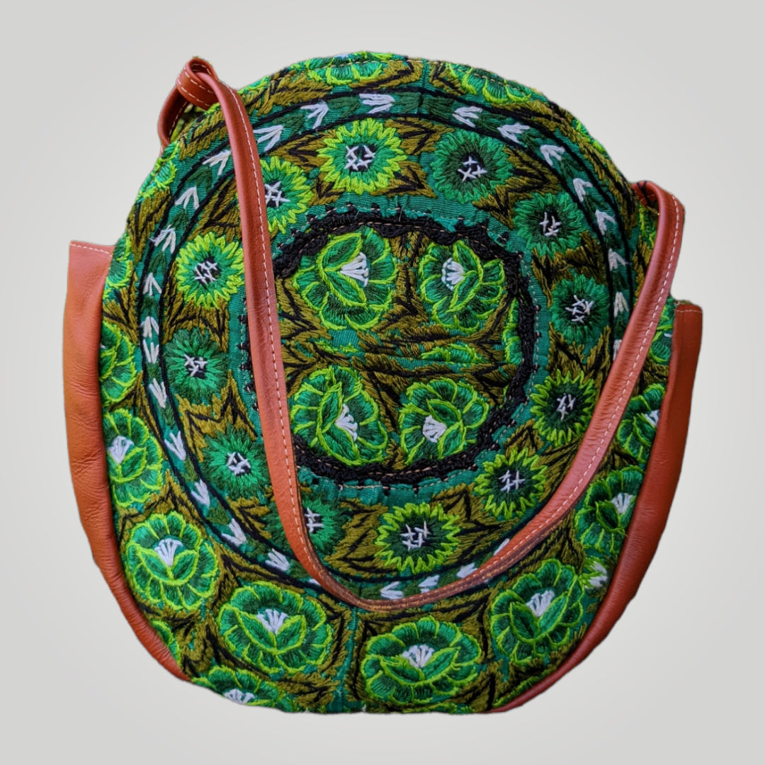 Leather Shoulder Bag-Coin Purse-Mayan Handwoven Textiles-100% natural cotton - Green-AURA MAYA - Aura Maya