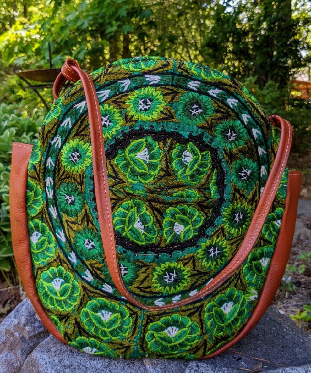 Leather Shoulder Bag-Coin Purse-Mayan Handwoven Textiles-100% natural cotton - Green-AURA MAYA - Aura Maya