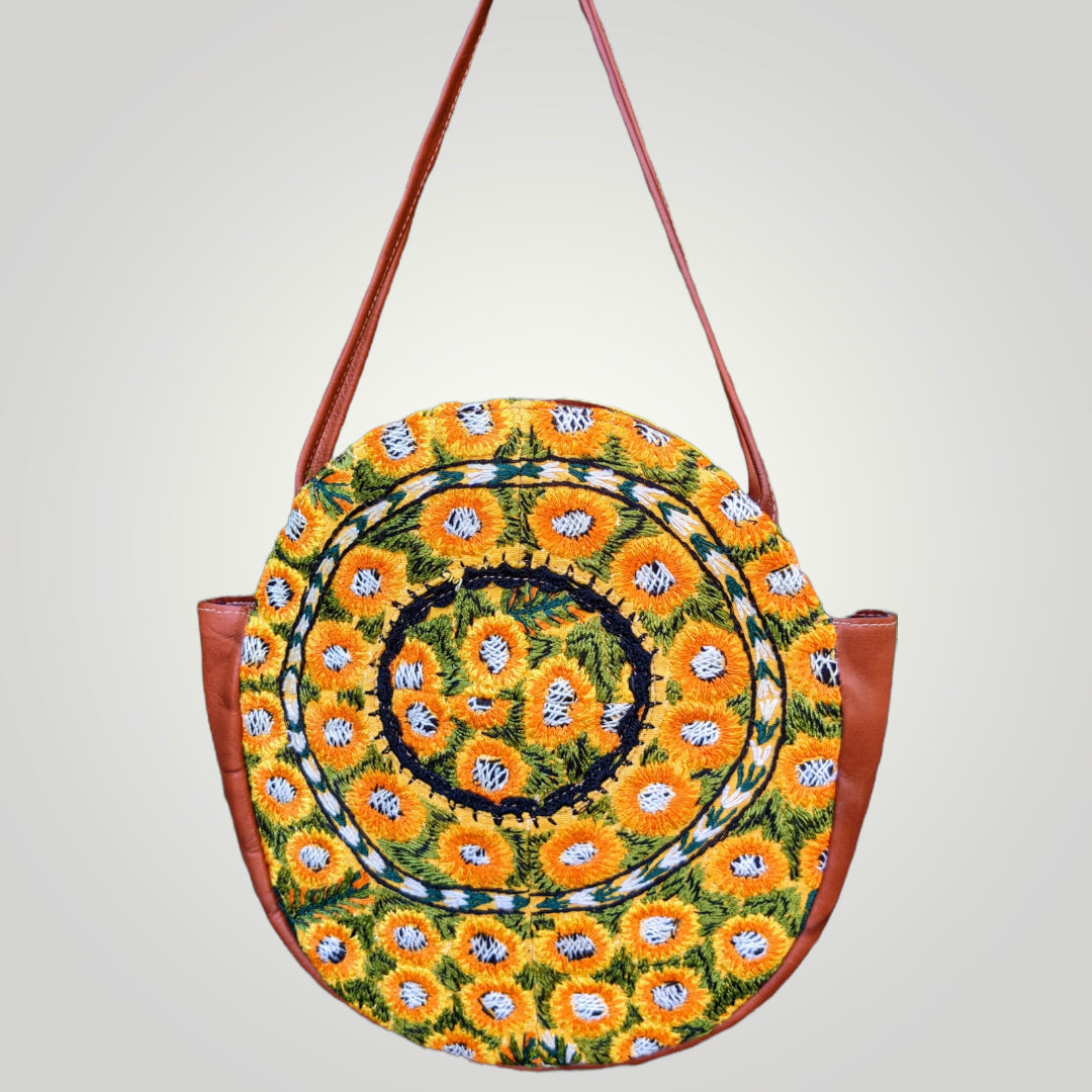 Leather and Textile Shoulder Bag - Hand Embroidery Tote Bags - fair trade handbags - AURA MAYA - Aura Maya