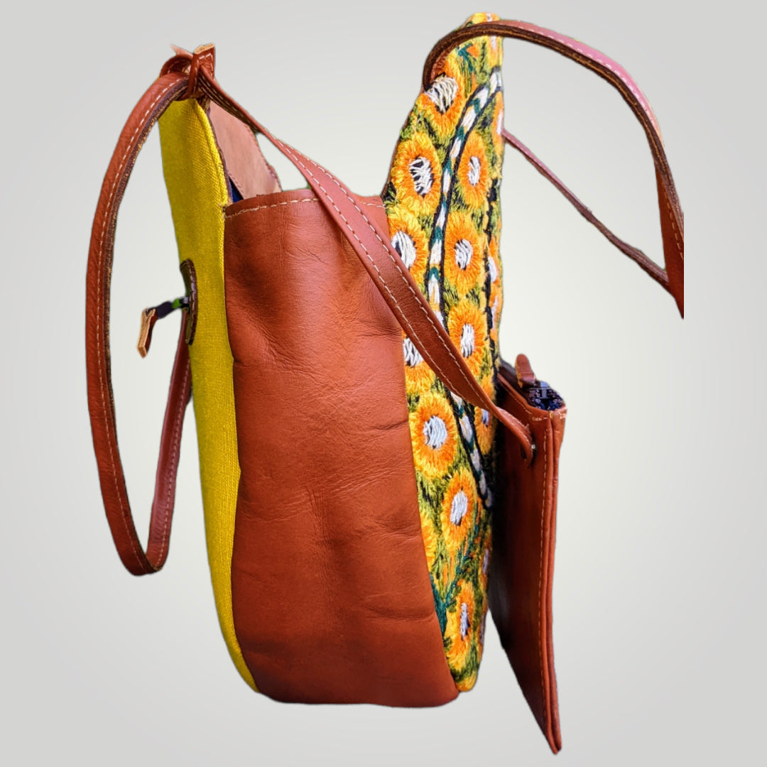 Leather and Textile Shoulder Bag - Hand Embroidery Tote Bags - fair trade handbags - AURA MAYA - Aura Maya