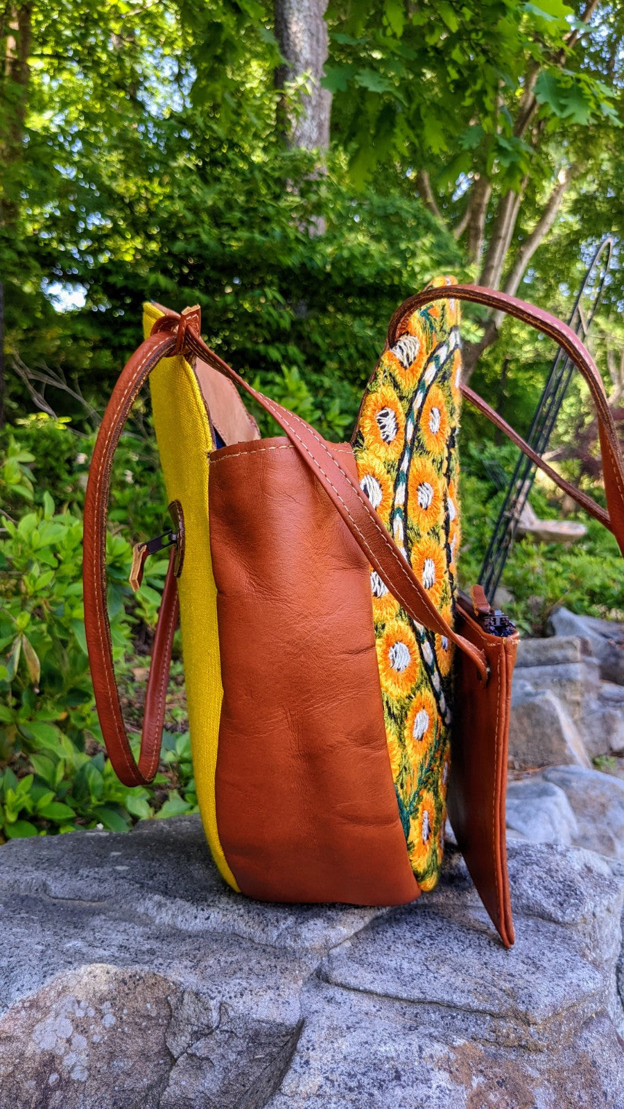 Leather and Textile Shoulder Bag - Hand Embroidery Tote Bags - fair trade handbags - AURA MAYA - Aura Maya