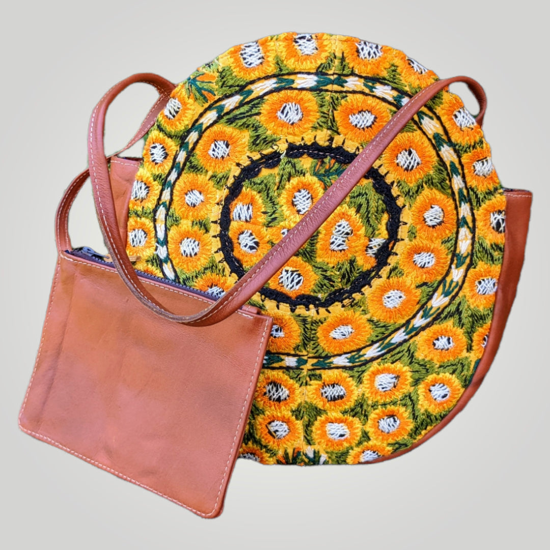 Leather and Textile Shoulder Bag - Hand Embroidery Tote Bags - fair trade handbags - AURA MAYA - Aura Maya