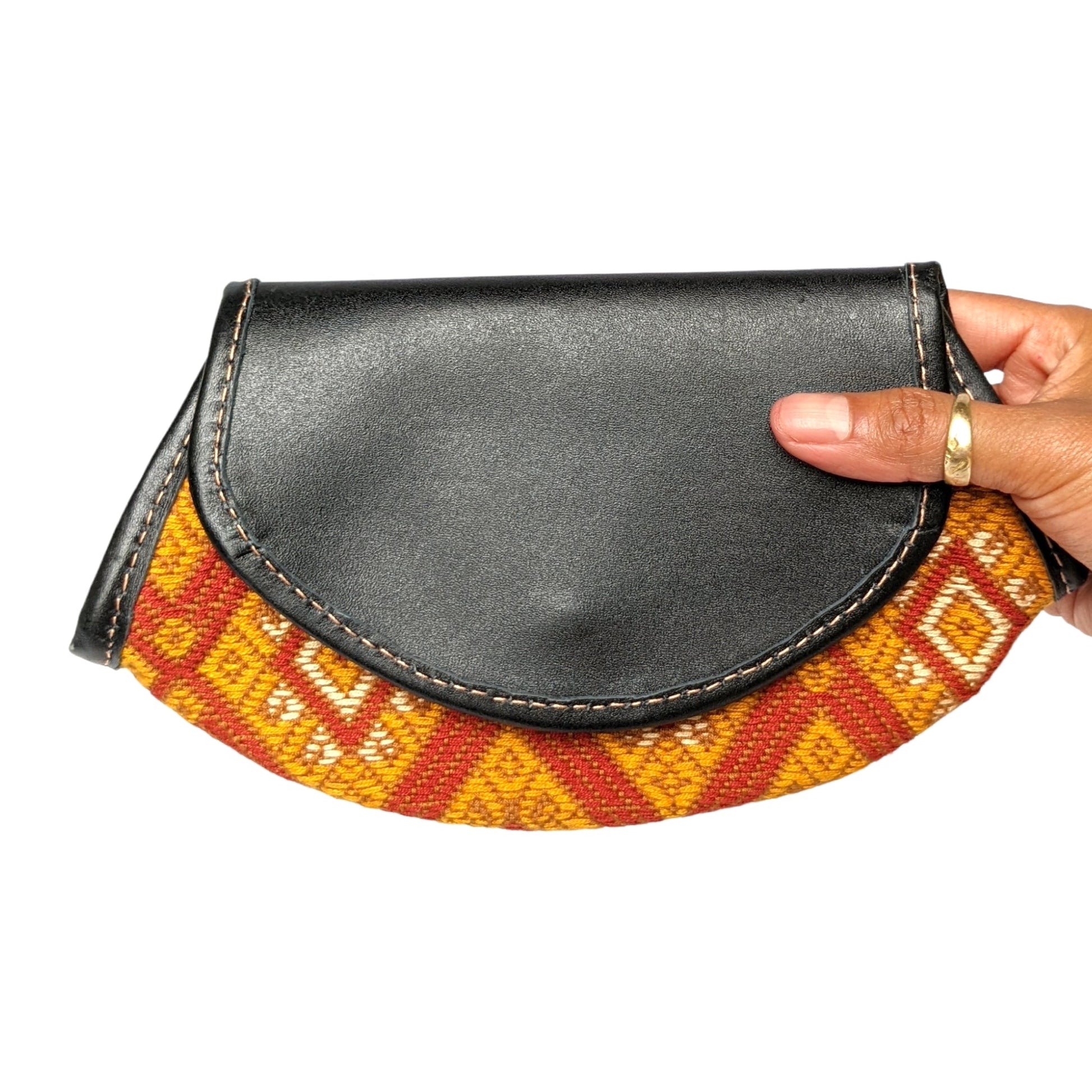 Women Clutch Bag - Black Leather and Embroidered Textile Bag - AURA MAYA - Aura Maya