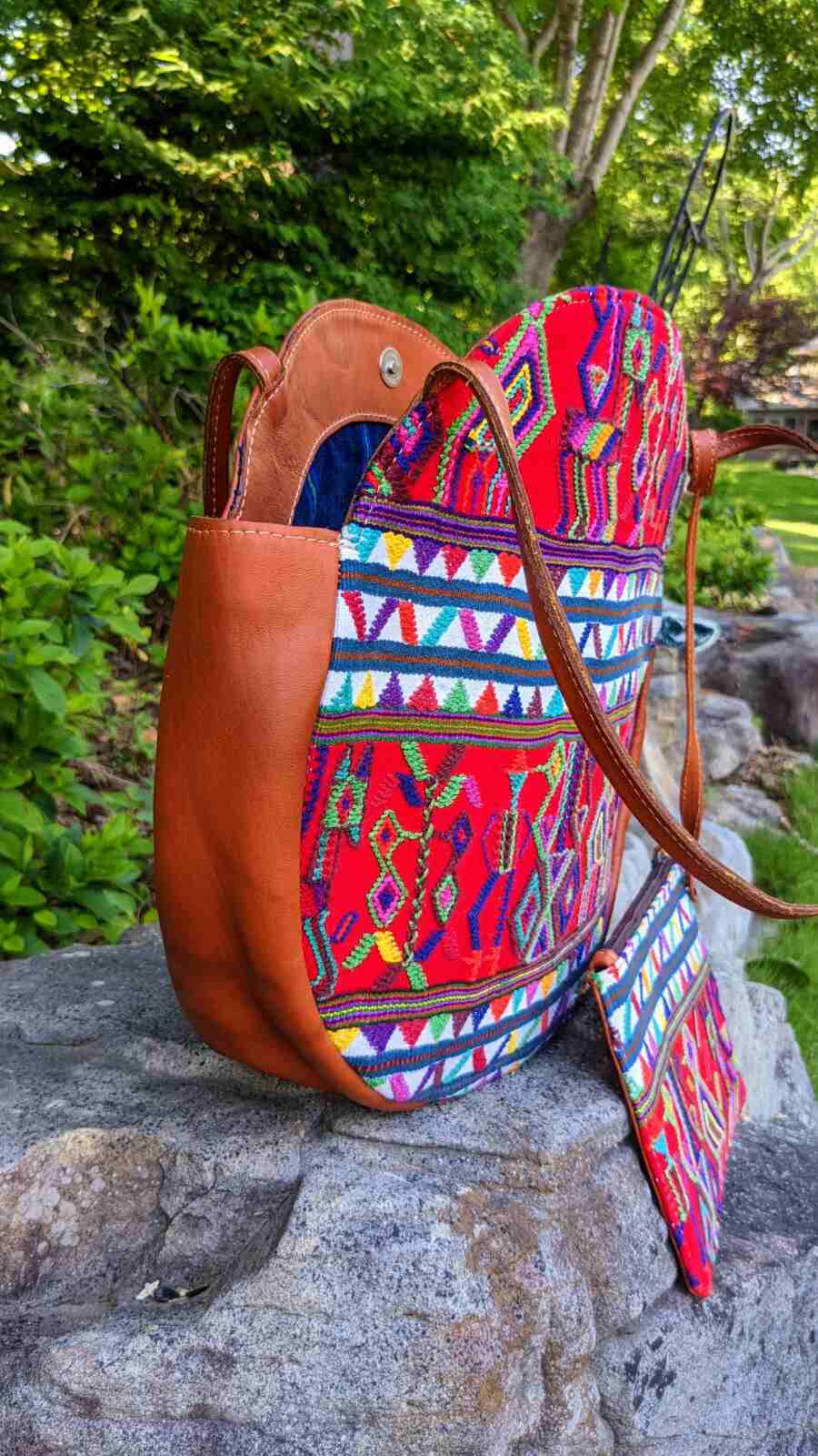 Leather Shoulder Bag - Large bag - Handwoven Guatemalan Textile - AURA MAYA - Aura Maya