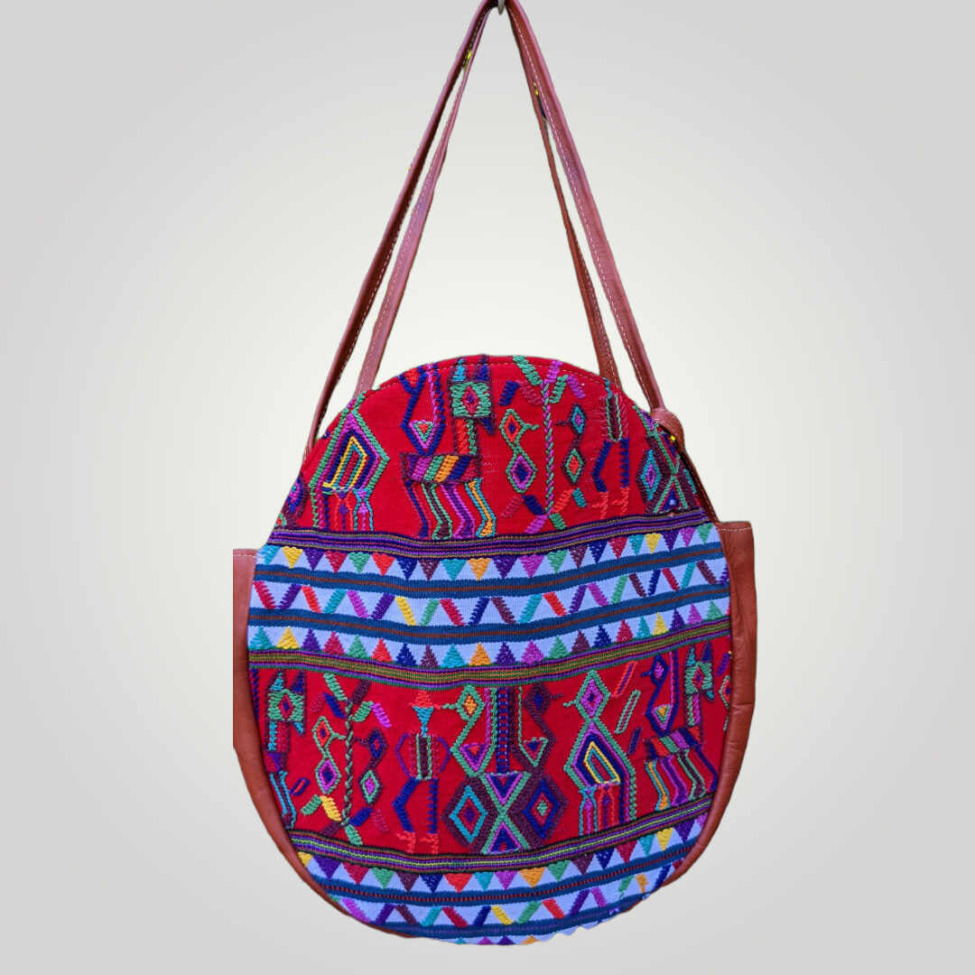 Leather Shoulder Bag - Large bag - Handwoven Guatemalan Textile - AURA MAYA - Aura Maya