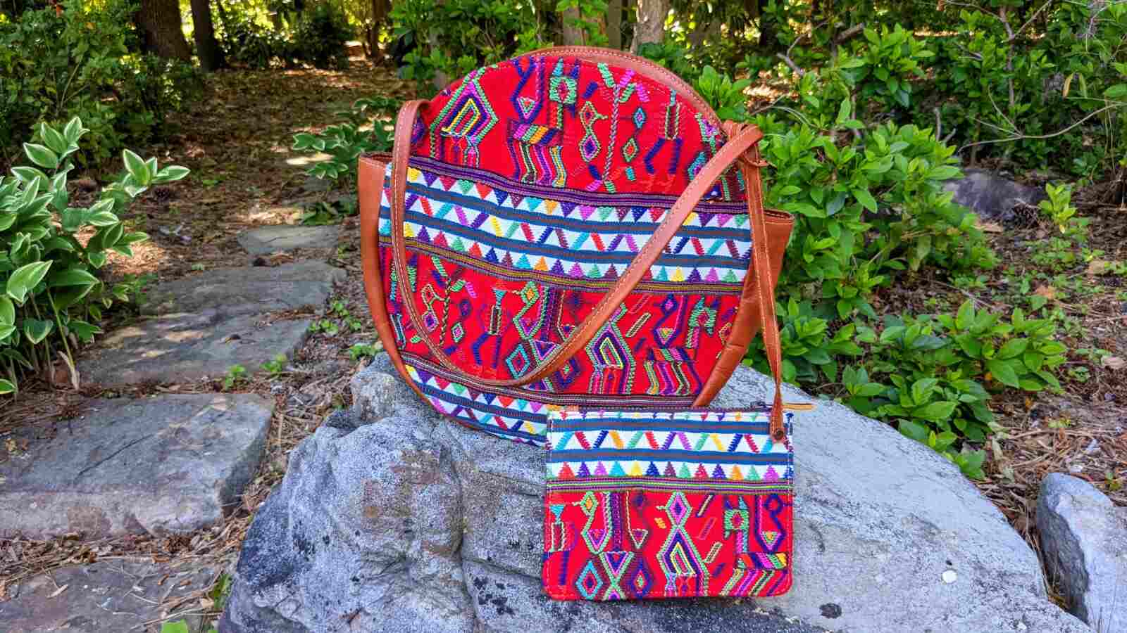 Leather Shoulder Bag - Large bag - Handwoven Guatemalan Textile - AURA MAYA - Aura Maya